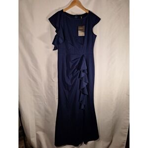 WOOSEA Women Navy Blue Ruffle Mermaid Evening Gown Maxi Dress Large NEW